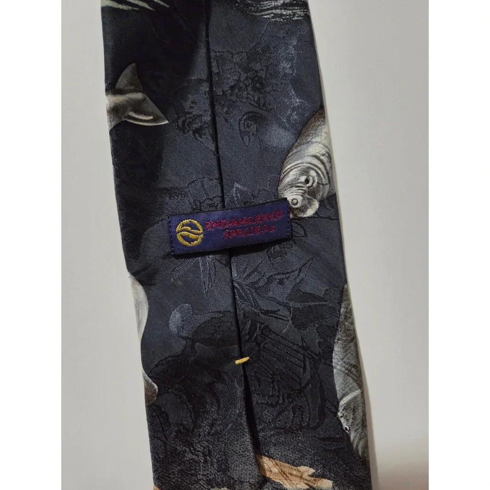 Endangered Species Mens Manatee Silk Tie Grey Black Animal Print Nature USA Made